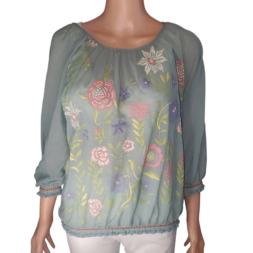 Vintage Y2K Scrapbook Embroidered Boho Blouse Size L Oversized Sage Pink USA